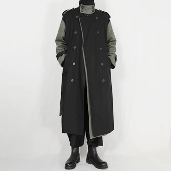 Оригинальная мужская ветровка, длинная куртка, темное свободное нишевое пальто на шнуровке, двубортный мужской пиджак с лацканами, тренд