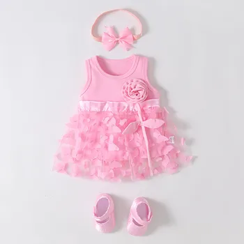 Летнее платье принцессы без рукавов для маленьких девочек, однотонное платье с 3D бабочкой и цветочным узором + Обувь для новорожденных, повязки на голову, 3 предмета одежды.
