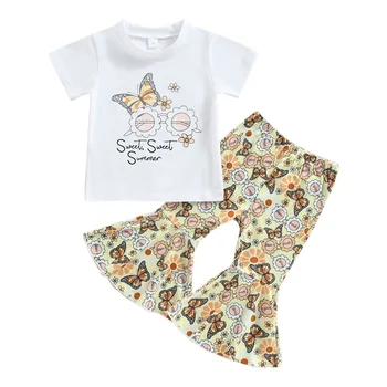 Комплект Летней одежды Для девочек, Детские Расклешенные Штаны с короткими рукавами и принтом Бабочки, Детские Наряды из 2 предметов для 12 м-5 ЛЕТ
