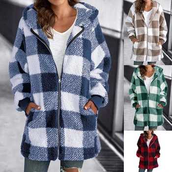 Зимнее модное женское пальто, новая повседневная женская одежда на молнии с капюшоном, кашемировая женская куртка плюс размер 5xl, клетчатые женские пальто