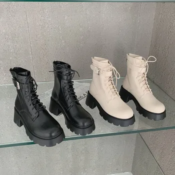Женские ботильоны с круглым носком, с перекрестным ремешком, на шнуровке, молния сбоку, на среднем каблуке, черные, бежевые, Крутые Мотоциклетные ботинки, Короткие ботинки 35-40
