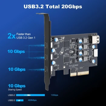 USB3.2 PCIE 4X Карта расширения 20 Гбит/с с 3-кратным PCIE-адаптером преобразователя Type-C для Windows7/8/10/11/ Linux- Оптовая торговля