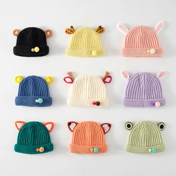 Детские шапки, корейские осенние и зимние новые милые детские шапки из кожи дыни, супер милые и теплые шерстяные вязаные шапки оптом