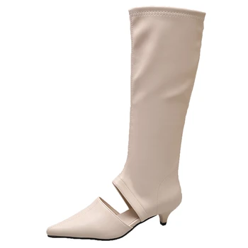 Серебристые Новые женские сапоги до колена 2023 года, женская обувь без застежки, модные женские туфли на каблуках с острым носком, эластичные длинные пинетки, обувь