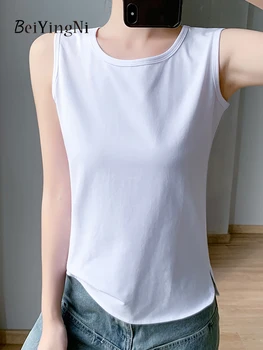 Женские футболки Beiyingni без рукавов, однотонные хлопковые топы с круглым вырезом, женские сексуальные шикарные простые жилетки, повседневные свободные милые топы