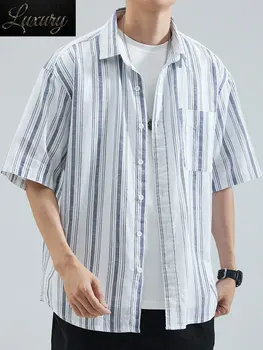 Летние полосатые повседневные рубашки, мужские праздничные блузки с коротким рукавом, Модная мужская одежда из дышащего свободного хлопка для мужчин