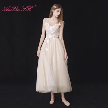 AnXin SH принцесса шампанское, кружево, милая, без рукавов, расшитое бисером, бабочка, звездный свет, вечернее платье трапециевидной формы, маленькое белое платье