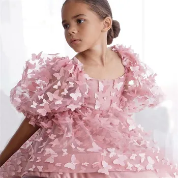 Платье для девочки в цветочек, Милые розовые пышные рукава для свадьбы, 3D аппликации в виде бабочек, платье для вечеринки по случаю дня рождения, платье для первого причастия без спинки
