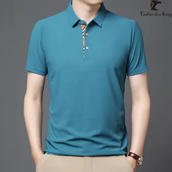 Новая модная мужская рубашка поло с коротким рукавом, мужская однотонная футболка в клетку с отложным воротником