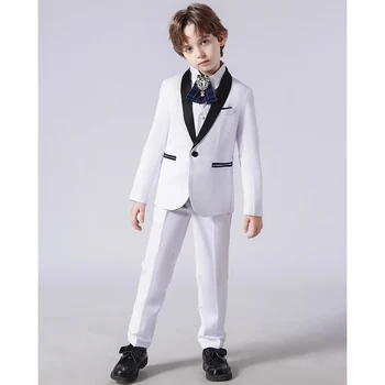 Детский свадебный мужской костюм для мальчика с цветами 3шт 2023 Новый Официальный белый костюм для мальчика, Детский блейзер, куртка, Брюки, жилет, комплект