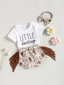Милый и стильный комплект летней одежды для маленьких девочек с принтом коровы, футболка с коротким рукавом и шорты - Модная одежда в стиле бохо из 3 предметов