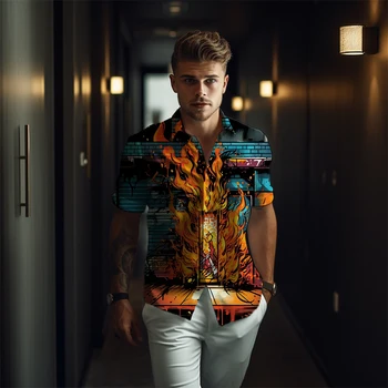 Мужская рубашка оверсайз в стиле ретро в стиле хип-хоп, высококачественная модная повседневная рубашка с 3D-принтом, рубашка с рисунком, летний уличный дикий мужской топ