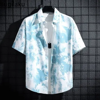 Рубашка градиентного цвета Bugilaku, мужская уличная одежда, топы с короткими рукавами и отворотами, одежда для пар, повседневные универсальные рубашки на пуговицах