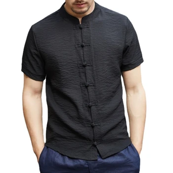 Летняя однотонная рубашка в китайском стиле, мужской воротник-стойка с пряжкой, приталенная тонкая рубашка с короткими рукавами
