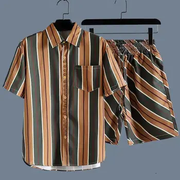 Летняя пляжная одежда для мужчин, комплект из 2 предметов, Быстросохнущая Гавайская рубашка и шорты, мужская модная одежда с принтом, повседневная одежда