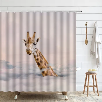 Занавеска для душа с забавным животным Жираф Африканская дикая природа Занавески для ванны для мальчика Современная водонепроницаемая ткань Декор ванной комнаты с крючками