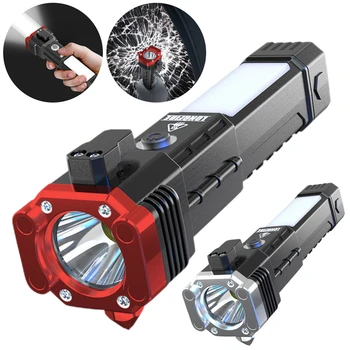 Мощный светодиодный фонарик с защитным молотком, боковой подсветкой COB, USB-зарядным фонариком, портативным фонарем для кемпинга, аварийным освещением