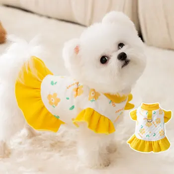 Осеннее платье для собак и кошек с развевающимися рукавами в желтый цвет, Буксируемое платье, хлопковая юбка-двойка, Одежда в стиле принцессы для домашних животных