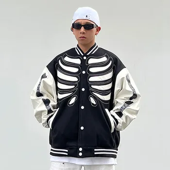 Мужская американская бейсбольная куртка, уличная одежда в стиле хип-хоп, нашивка с костями скелета, университетская куртка Harajuku, готическая лоскутная мужская одежда в стиле панк