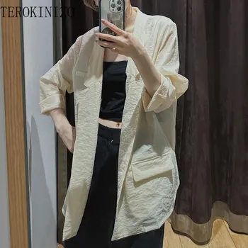 Японские модные куртки TEROKINIZO, женские куртки с отложным воротником, однотонная прозрачная верхняя одежда, летнее Новое поступление, универсальные пальто