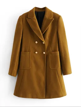Женское новое модное коричневое двубортное пальто PB & ZA, винтажное, с длинными рукавами и карманами, универсальная повседневная женская верхняя одежда, шикарное пальто