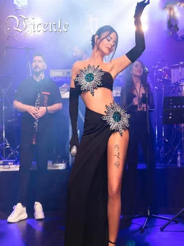 Комплект женского платья VC, черный укороченный топ и длинная юбка С бриллиантами, сексуальная вечерняя клубная одежда, выступление певицы на сцене