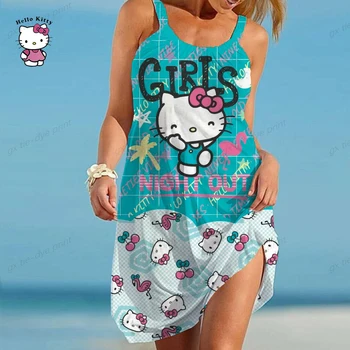 Летнее Свободное плиссированное платье с цветочным принтом, сексуальное платье Hello Kitty, сарафан Оверсайз, Женское пляжное платье без рукавов, Vestidos