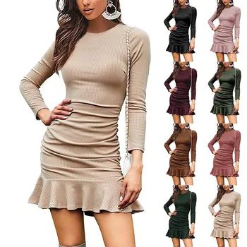 Европейская и американская сексуальная мини-юбка, однотонный осенне-зимний пуловер, вязаный длинный рукав, плиссированные облегающие женские платья трапециевидной формы