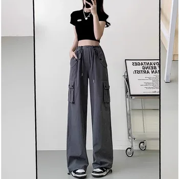 Хип-хоп Y2K Брюки-карго Женские Повседневные брюки Harajuku с большими карманами, женские Корейские Свободные комбинезоны с высокой талией, Винтажные Однотонные брюки