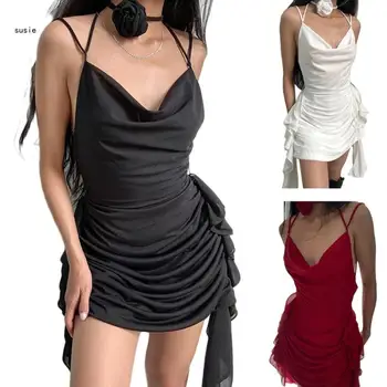 X7YA Женское облегающее сексуальное платье с цветочными оборками, наряды с V-образным вырезом и открытой спиной
