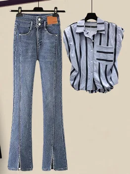 Летние наряды для женщин 2023, Новая модная рубашка в полоску с принтом + расклешенные джинсовые брюки-клеш, комплект из двух предметов для женщин, уличная одежда