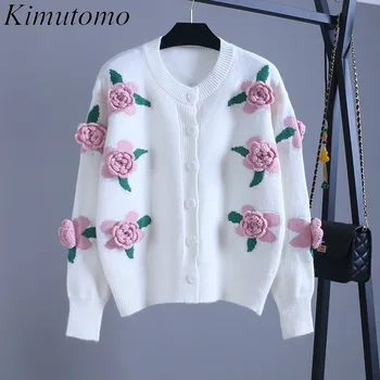 Kimutomo Шикарный Свободный свитер с цветочной строчкой, Контрастный по цвету, Женский, Нежный, с круглым вырезом, на одной груди, С длинными рукавами, универсальный Кардиган