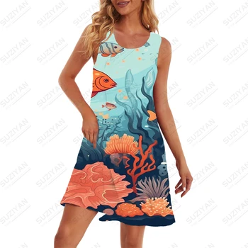 Женское летнее свободное повседневное платье цвета морского дна, коралловое платье с 3D принтом, модное повседневное платье, пляжное праздничное платье, платье-пуловер с круглым вырезом