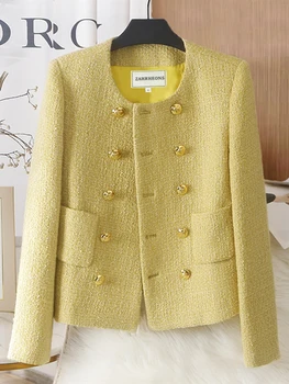 Высококачественная Осенняя Новая Модная женская куртка с круглым воротом, Элегантный Желтый Твидовый пиджак, Двубортное Винтажное женское пальто Chaquetas
