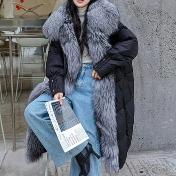 2023, зимняя куртка на гусином пуху X-long, Женский воротник из натурального меха Чернобурки, Роскошная шуба из натурального меха, Теплая Свободная верхняя одежда, Новая мода