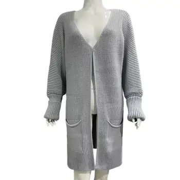 Женское однотонное пальто, уютный зимний свитер, пальто, толстый вязаный эластичный кардиган с карманами, Стильная леди средней длины