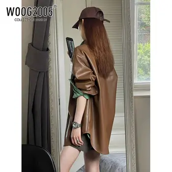 Кофейно-коричневое кожаное пальто, женская куртка, весенне-осенний стиль в американском ретро гонконгском стиле, шикарная Свободная повседневная куртка-карго, женский топ Кофейно-коричневое кожаное пальто, женская куртка, весенне-осенний стиль в американском ретро гонконгском стиле, шикарная Свободная повседневная куртка-карго, женский топ 4