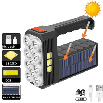 USB-аккумуляторный фонарик с солнечной зарядкой - 11 светодиодных карманных прожекторов с боковой подсветкой COB для рыбалки, кемпинга на открытом воздухе