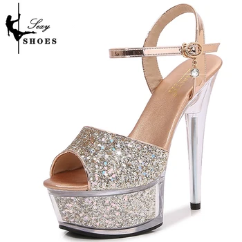 Женские серебристые туфли с открытым носком, блестками, босоножки на платформе на сверхвысоком каблуке, шикарные свадебные туфли для танцев на шесте