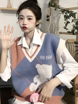 Жилет, Винтажный короткий свитер, женская куртка 2023, осень-зима, Корейский шикарный Новый свитер с V-образным вырезом, Свободные универсальные женские пальто, топы