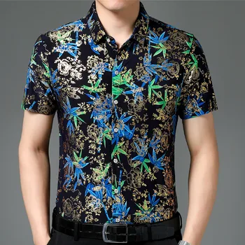 Повседневные рубашки из 80% шелка в гавайском стиле, мужские рубашки с коротким рукавом с обеих сторон, пляжная летняя одежда с цветком китайской нации 2023 г.