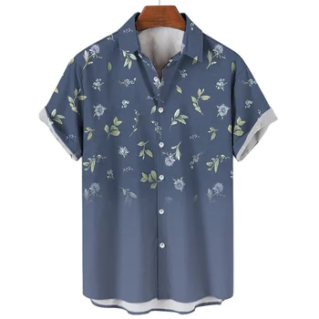 Гавайская мужская рубашка Летняя пляжная повседневная укороченный топ с 3D цветами и растениями Уличная мода Свободная негабаритная мужская одежда Уличная футболка