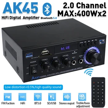 AK45 Цифровой Усилитель Hi-Fi Стерео Bluetooth-совместимый 5,0-Канальный Звуковой Усилитель 2.0 Поддержка 90V-240V для Домашнего автомобиля МАКС 400 Вт * 2