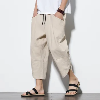 Однотонные хлопчатобумажные льняные прямые брюки 2022 Летние мужские Большие Свободные повседневные брюки Harlequin с широкими штанинами Seventh