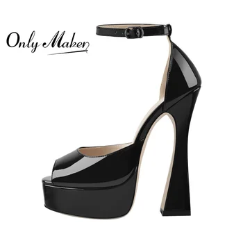 Женские летние босоножки Onlymaker на платформе из черной лакированной кожи с ремешком на щиколотке, на высоком массивном каблуке, повседневная модная обувь большого размера