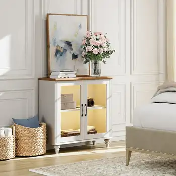 Шкаф со стеклянной дверцей, Кухонный буфет с 2 ящиками для хранения и регулируемым, стеклянный стол для прихожей или столовой в гостиной, белый
