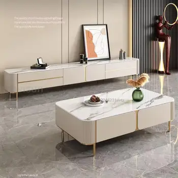 Минималистичная мебель для гостиной с панелями из нержавеющей стали, золотыми линиями и белым корпусом для телевизора с выдвижными ящиками, прямоугольный журнальный столик