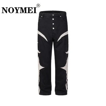 Осенние брюки NOYMEI, уличная мода, кожа в стиле пэчворк Контрастного цвета, повседневные Свободные потертые Прямые джинсы с широкими штанинами WA2848