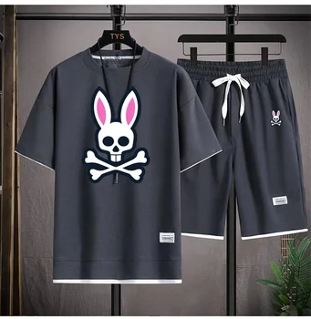 Мужской летний новый комплект is on fire с принтом Psycho Bunny, состоящий из футболки с круглым вырезом и шорт-двойки, повседневный комплект
