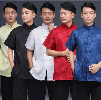 Оптовая Продажа Мужская Высококачественная Атласная рубашка с короткими рукавами в Китайском стиле, Вышитая Одежда Dragon Tang, Повседневные Футболки для кунг-фу